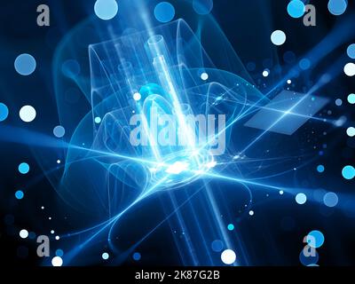 Processore quantistico futuristico blu luminoso con particelle, sfondo astratto generato dal computer, rendering 3D Foto Stock