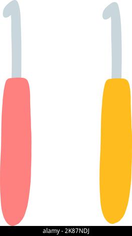 Gancio a uncinetto in stile cartone animato. Illustrazione vettoriale disegnata a mano di forniture per maglieria, oggetti hobby, tempo libero. Illustrazione Vettoriale