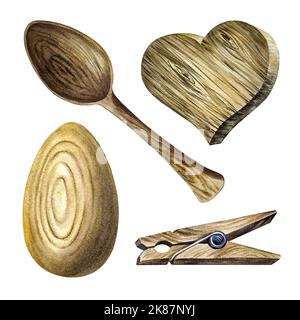 Un set di prodotti di legno, un cucchiaio, un chiodo di garofano, un uovo e un cuore. Illustrazione acquerello isolata su sfondo bianco. Per soluzioni di design. Naturale Foto Stock