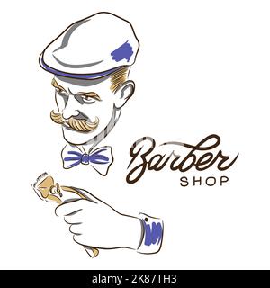 Barbiere, uomo con baffi, accessori taglio capelli salone di bellezza decorazione, doodle Illustrazione Vettoriale