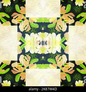 Motivo senza cuciture in patchwork floreale. Geo Swatch ornato per carta da parati natura esotica. Cottagecore fiore petalo fatto a mano bohemian senza cuciture Foto Stock