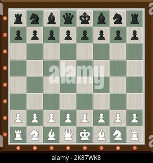 Scacchiera in legno con quadrati bianchi e verdi con i pezzi bianchi e neri disposti all'inizio del gioco. Immagine vettoriale Illustrazione Vettoriale