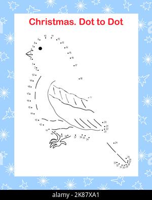 Inverno Bullfinch uccello punto per punteggiare divertente gioco educativo o foglio di lavoro per il tempo libero, delineare doodle vettore illustrazione, vacanze invernali attività stagionale, Capodanno celebrazione divertimento per i bambini, numero di apprendimento Illustrazione Vettoriale