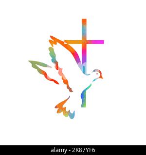 Colomba sulla pace e croce simbolo di religione isolata. Croce religiosa colorata con uccelli volanti. Illustrazione vettoriale Illustrazione Vettoriale