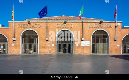 La costruzione del mercato del pesce - il mercato del pesce all'ingrosso è il centro nevralgico dell'industria del pesce della città di Chioggia, laguna veneta, regione Veneto – Italia, Foto Stock