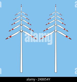 Set di illustrazioni a colori con albero di Natale fatto di eliche, pale di mulino a vento, turbina eolica. Oggetti vettoriali isolati. Illustrazione Vettoriale