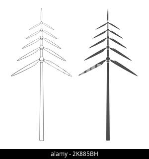 Set di illustrazioni in bianco e nero con albero di Natale composto da eliche, pale di mulini a vento, turbine eoliche. Oggetti vettoriali isolati su backgroun bianco Illustrazione Vettoriale