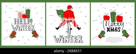 Allegro Natale set cartoline con carino Babbo Natale in bicicletta e citazione scritta INVERNO, CIAO INVERNO, MERY XMAS. Il vettore illustrazione xmas web Illustrazione Vettoriale