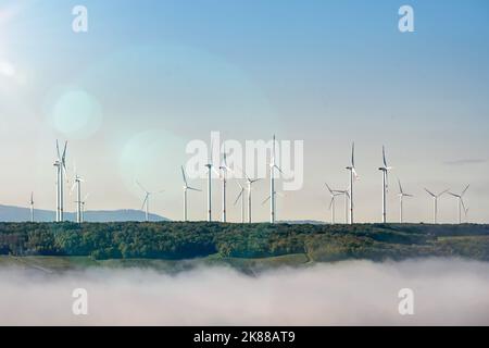 Un gruppo di turbine eoliche si trova su una collina contro un cielo limpido e la valle di fronte ad essa è appannata. Foto Stock