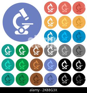 Icone piatte multicolore per microscopio su sfondi rotondi. Incluse variazioni delle icone bianche, chiare e scure per gli effetti di stato attivo e del passaggio del mouse e del bonu Illustrazione Vettoriale