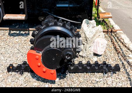 Particolare del meccanismo ferroviario a cremagliera, Vordernberg, Stiria, Austria Foto Stock