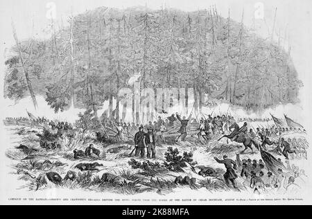 Campagna sul Rapidan - Brigate di George Henry Gordon e Samuel Wylie Crawford che guidano le forze del ribelle dai boschi alla battaglia di Cedar Mountain, il 9th agosto 1862. Illustrazione della guerra civile americana del 19th° secolo dal quotidiano illustrato di Frank Leslie Foto Stock