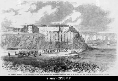 Fort Snelling, Minnesota, alla confluenza dei fiumi Mississippi e Minnesota, 11 km circa a nord di St. Paul's, vicino alla scena degli attuali massacri indiani. Settembre 1862. Dakota Guerra del 1862. Illustrazione della guerra civile americana del 19th° secolo dal quotidiano illustrato di Frank Leslie Foto Stock