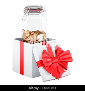Vasetto in vetro con monete dorate all'interno della confezione regalo, concetto regalo. 3D rendering isolato su sfondo bianco Foto Stock