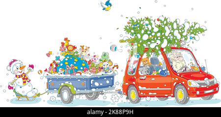 Felice Babbo Natale guida la sua piccola auto rossa con un albero di Natale innevato e un rimorchio pieno di regali di festa, dolci e giocattoli divertenti Illustrazione Vettoriale