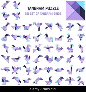 Tangram puzzle. Set di tangram uccelli diversi. Illustrazione Vettoriale