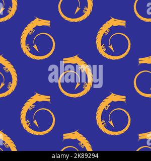 Arancione Magic Dragon icona senza cuciture modello isolato su sfondo blu Illustrazione Vettoriale