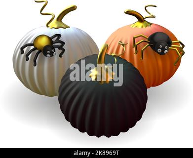 Halloween o Thanksgiving zucca realistica e ragno set isolato su sfondo bianco. Maturo 3D ottobre festa zucche vettore collezione Illustrazione Vettoriale