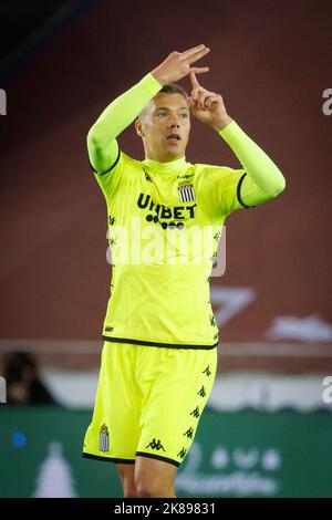 Daan Heymans di Charleroi festeggia dopo aver segnato durante una partita di calcio tra Cercle Brugge e Sporting Charleroi, venerdì 21 ottobre 2022 a Brugge, il 14° giorno della prima divisione del campionato belga della 'Jupiler Pro League' del 2022-2023. BELGA FOTO KURT DESPLENTER Foto Stock