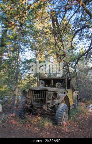 Un vecchio camion arrugginito abbandonato siede nel bosco davanti ad una gru. Probabilmente 1940's vintage & usato per contribuire a costruire l'Alaska Highway. Yukon, Canada Foto Stock