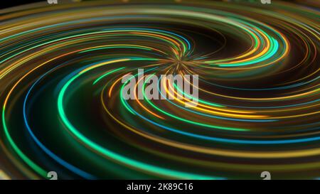 3D rendering astratto spirale al neon con riflessione. Percorsi luminosi ricurvi e colorati in diversi colori. Linee ipnotiche incandescenti, realtà virtuale Foto Stock