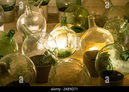 Vecchie bottiglie di vino nel museo del vino El Grifo, a conduzione familiare, nella vecchia cantina Foto Stock