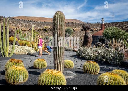 Turisti che visitano il giardino di Cactus, creazione dell'artista Cesar Manrique, Lanzarote, Isole Canarie, Europa Foto Stock