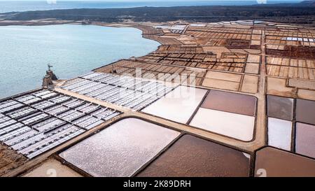 Salinas de Janubio, nell'isola di Lanzarote, nelle isole Canarie, Spagna Foto Stock