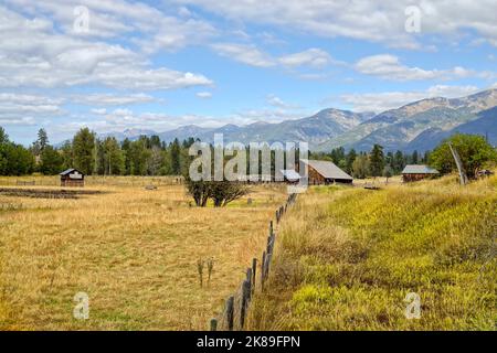 Un vecchio fienile in un pascolo con le montagne missione sullo sfondo vicino a Sant'Ignazio, Montana. Foto Stock