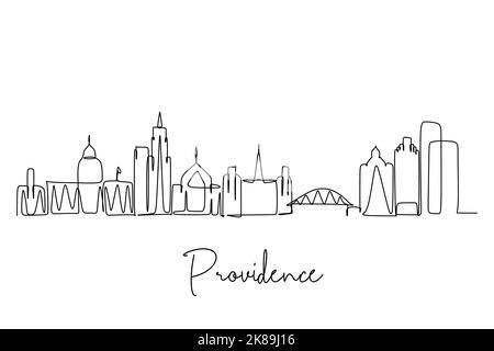 Disegno a linea singola dello skyline della città di Providence, Stati Uniti. Storico paesaggio della città nel mondo. Migliore destinazione di vacanza. Trend del tratto modificabile Illustrazione Vettoriale