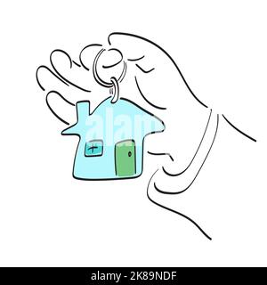 linea d'arte primo piano mano di un uomo d'affari che tiene catena di chiavi con blu casa illustrazione vettore mano disegnata isolato su sfondo bianco Illustrazione Vettoriale