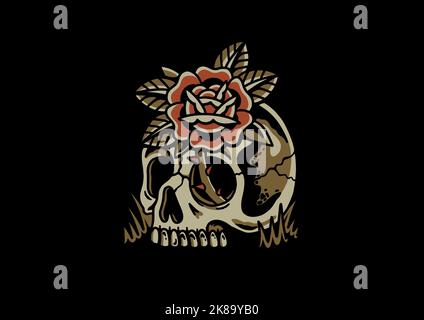 Vecchia scuola tradizionale tatuaggio ispirato fresco disegno grafico illustrazione cranio umano con rosa per merchandise t shirt adesivi sfondi Foto Stock