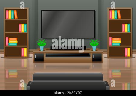 interno soggiorno con televisione, tavoli, scaffale e divano Illustrazione Vettoriale