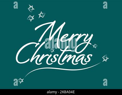 Allegro Natale bianco scritta a mano su uno sfondo verde con stelle e swirls inverno design vacanza, illustrazione vettoriale. Illustrazione Vettoriale
