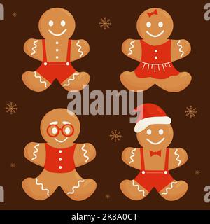 Collezione carino Natale pan di zenzero mans e ragazza, cookie divertente con occhiali e cappello di santa. Elementi vettoriali isolati per il vostro progetto di Capodanno e d Illustrazione Vettoriale