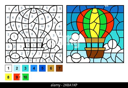 Pagina di colorazione vettoriale per l'educazione e le attività dei bambini. Gioco puzzle colore per numero palloncino ad aria calda Illustrazione Vettoriale