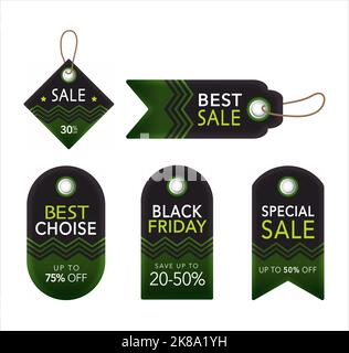 set di verde vendita banner nero venerdì prezzo tag sconto Illustrazione Vettoriale