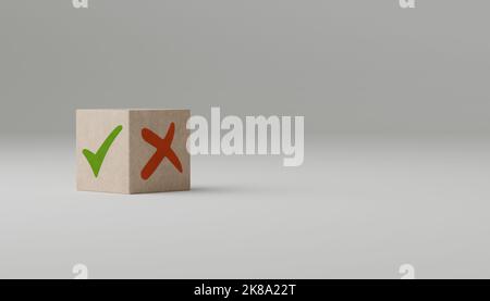 concetto pro e contro. Blocco di legno con immagine di pro contro contro contro. Segno di spunta e segno di croce x sui cubetti di legno. Concetto di decisi positiva o negativa Foto Stock