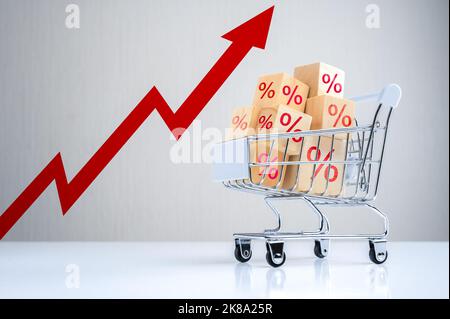 Crisi globale inflazione e aumento dei prezzi. Piccolo carrello con monete impilate e grafico di crescita. Concetto di aumento del costo mondiale. Cubetti percentuale in sup Foto Stock