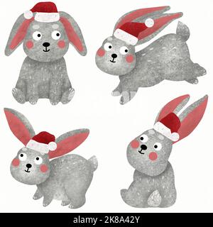 Set di simpatici conigli di Natale cartone animato su sfondo bianco. Animaletti allegri in cappelli di Babbo Natale. Illustrazione testurizzata disegnata a mano Foto Stock