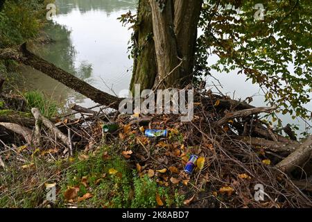 Bottiglie di vetro e lattine di bevande analcoliche sono lanciate via nella foresta sulla riva del fiume. Foto Stock