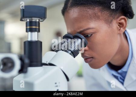 Shes notò qualcosa...un giovane scienziato che utilizzava un microscopio in un laboratorio. Foto Stock