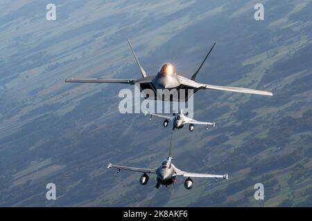 12 ottobre 2022 - Polonia - Un Raptor dell'aeronautica statunitense F-22 assegnato allo Squadrone del combattente espeditativo 90th vola accanto a due F-16s polacchi in formazione durante la giornata dei media della NATO Air Shielding, il 12 ottobre 2022 presso la base aerea di Ask, Polonia. I Raptors sostengono la missione Air Shielding insieme al F-16s polacco e agli Eurofighter Typhoon italiani. L'evento ha mostrato l'importanza della missione di schermatura aerea di NATOâ e l'interoperabilità tra gli alleati degli Stati Uniti e della NATO nei confronti dei media internazionali attraverso dimostrazioni aeree trilaterali e interviste con i membri del servizio. Gli Stati Uniti rimangono dedicati al nostro sec Foto Stock