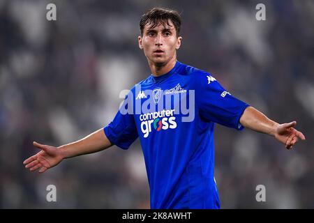 Torino, Italia. 21 ottobre 2022. Tommaso Baldanzi di Empoli FC gesta durante la Serie Una partita di calcio tra Juventus FC e Empoli FC. Credit: Nicolò campo/Alamy Live News Foto Stock