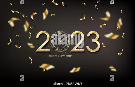 Felice anno nuovo 2023 lettere a pennello secco con l'icona orologio Illustrazione Vettoriale