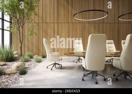 Sala riunioni concettuale in stile moderno con interni in stile 3 d'illustrazione Foto Stock