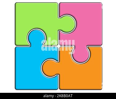 Puzzle colorato quattro pezzi jigsaw isolato, rendering 3D Foto Stock
