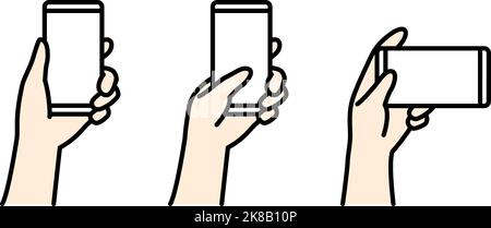 Serie di illustrazioni verticali e orizzontali per l'utilizzo di uno smartphone con una mano. Illustrazione Vettoriale