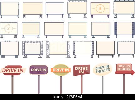 Le icone del cinema drive-in impostano il vettore dei cartoni animati. Unità filmato. Auto Illustrazione Vettoriale