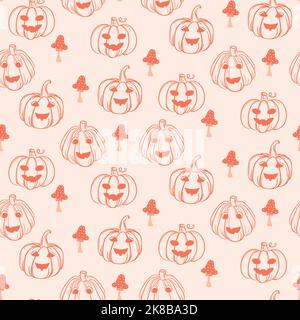 Autunno Autunno raccolto zucche arancione senza cuciture sfondo motivo. Carino zucche disegnate a mano con funghi Illustrazione Vettoriale